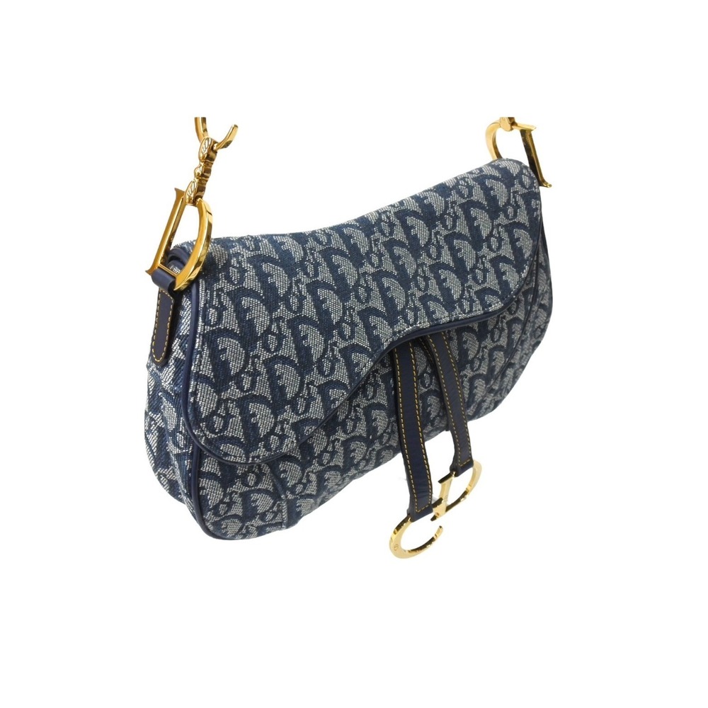 Christian Dior Trotter Double Saddle Handbag Navy Blue Canvas Leather - Picture 4 of 9